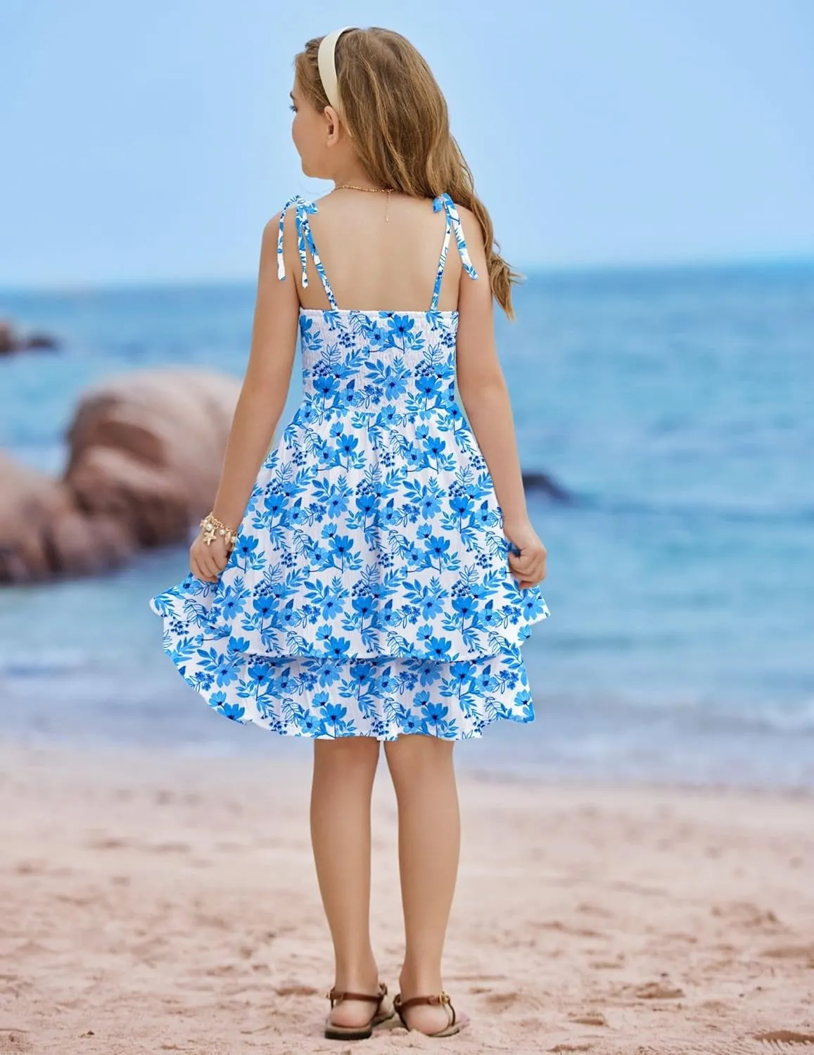 Arshiner Girls Summer Spaghetti Strap Dresses Flowy Tiered Ruched Smocked Back Casual Beach Midi Sundress