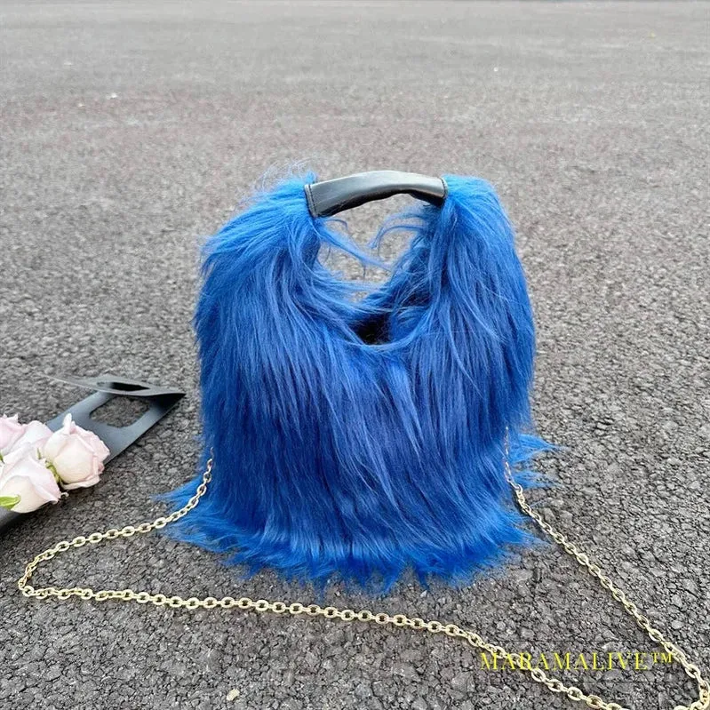 Candy Color Fluffy Women's Shoulder Bags Long Plush Ladies Chain Crossbody Bag Faux Fur Hot Girls Bucket Bag Y2K Furry Handbags