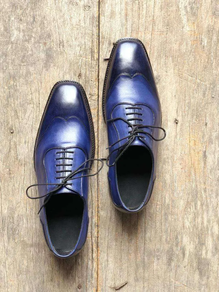 Handmade Men's Leather Blue Wing Tip Shoes