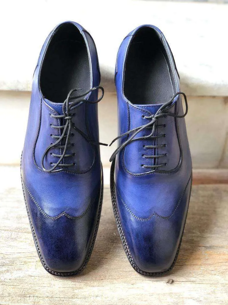 Handmade Men's Leather Blue Wing Tip Shoes