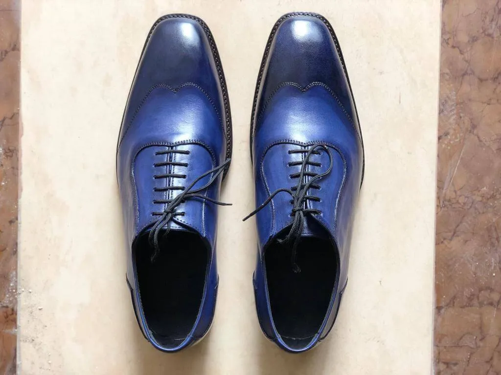 Handmade Men's Leather Blue Wing Tip Shoes