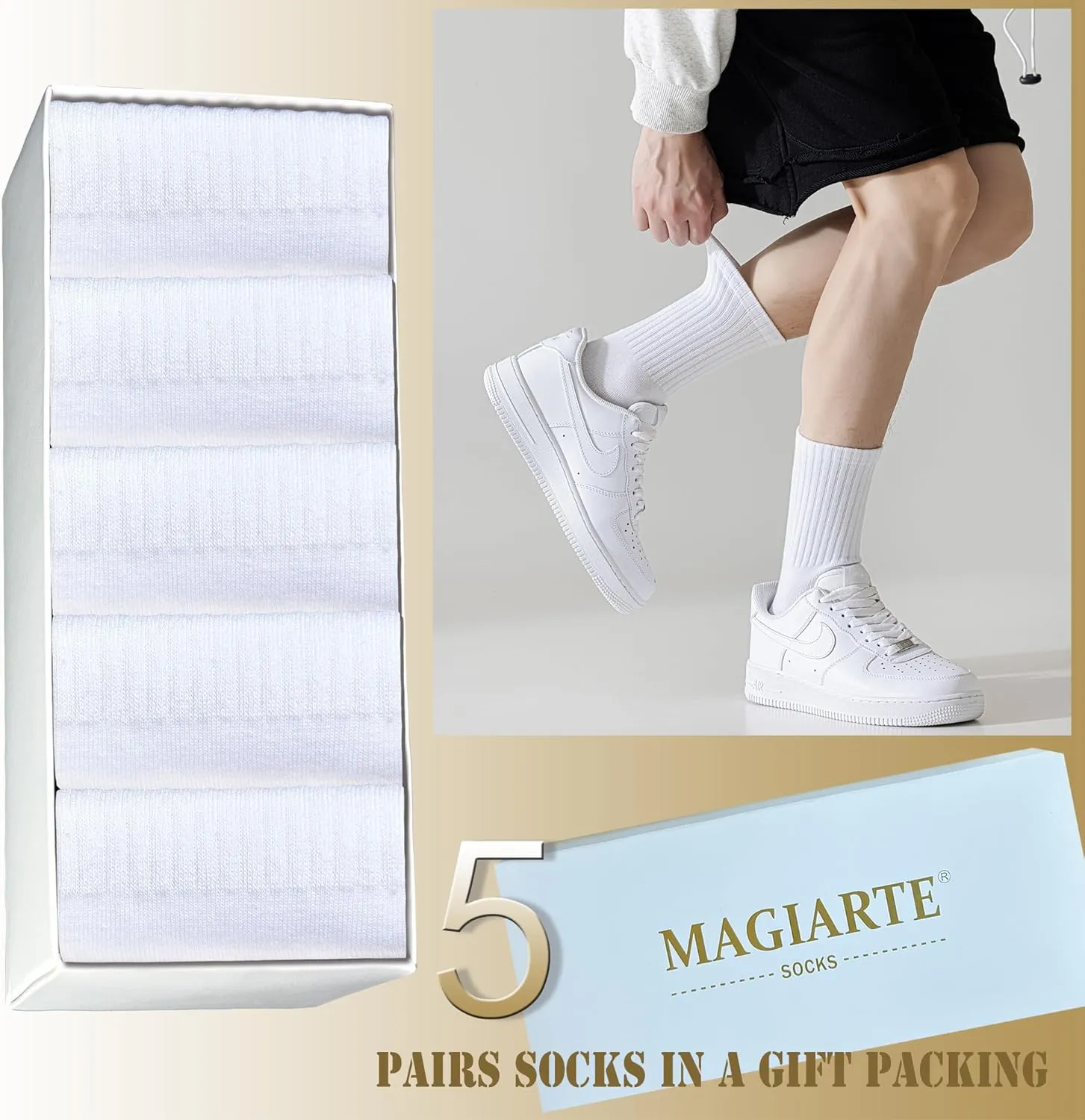 MAGIARTE Mens Athletic Cotton Crew Socks (no cushion) Moisture Wicking Breathable Sports and Casual Socks for Men 5 PACK