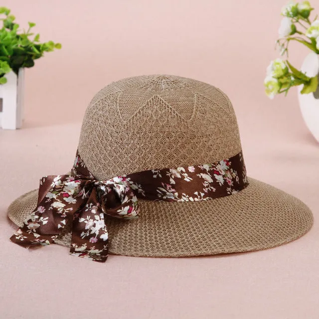 Summer Girls Sun Hats Wide Brim Bowknot Straw Hat with Ribbon
