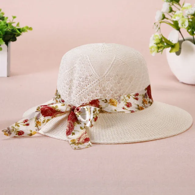 Summer Girls Sun Hats Wide Brim Bowknot Straw Hat with Ribbon