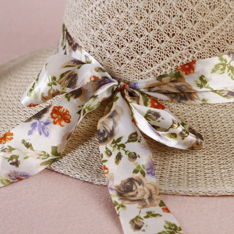 Summer Girls Sun Hats Wide Brim Bowknot Straw Hat with Ribbon