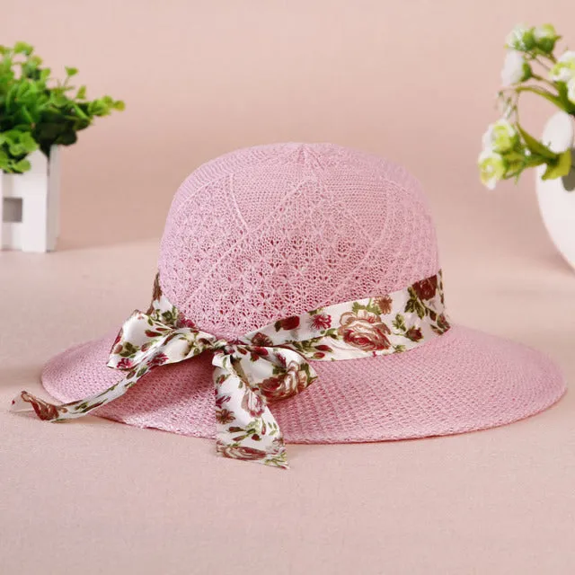 Summer Girls Sun Hats Wide Brim Bowknot Straw Hat with Ribbon