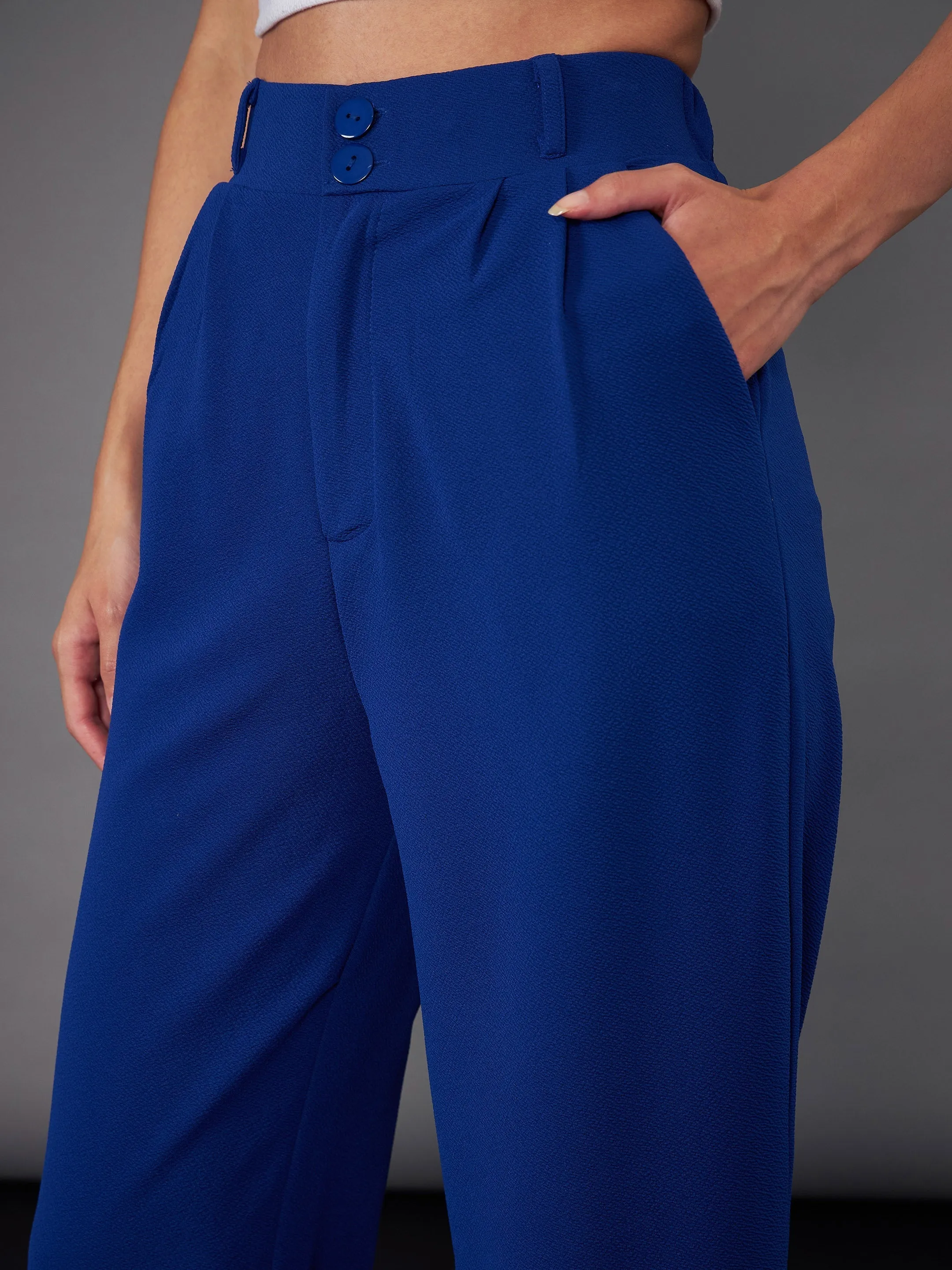 Women Royal Blue Front Button Blazer With Pleated Pants